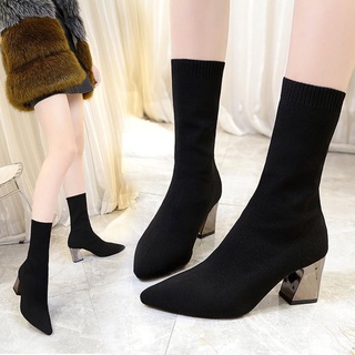 (HÀNG CÓ SẴN) Bốt len cổ lửng gót vuông bạc BIG SIZE 40-43