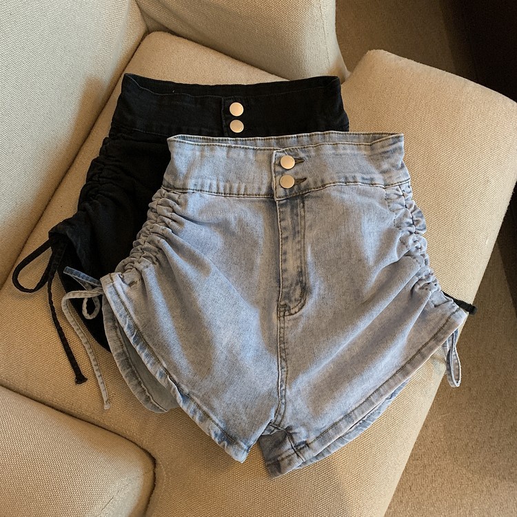 ◈Quần sooc dây rút nữ mùa hè hot girl cạp cao cạp cao mỏng co giãn màu đen nóng bỏng quần jean bó sát hông quần bò sản p