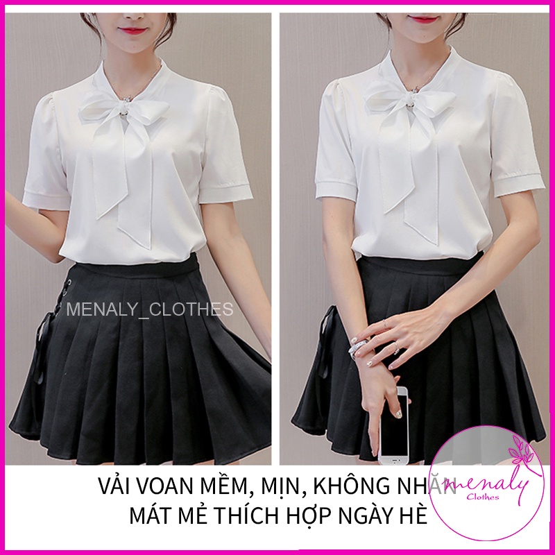 Áo sơ mi trắng cổ nơ tay bồng áo kiểu dáng đơn giản dễ kết hợp trang phục