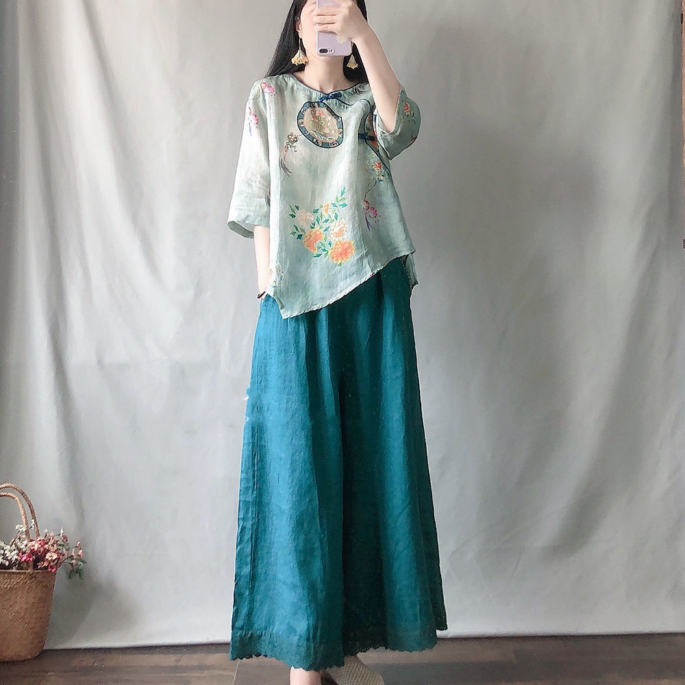 Set Áo Sơ Mi Tay Lỡ Và Quần Short Ống Rộng Bằng Cotton Lanh In Họa Tiết Phong Cách Retro Dành Cho Nữ