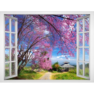 Tranh dán tường cửa sổ cảnh đẹp hoa anh đào VT0384 KT 140 x 110 cm