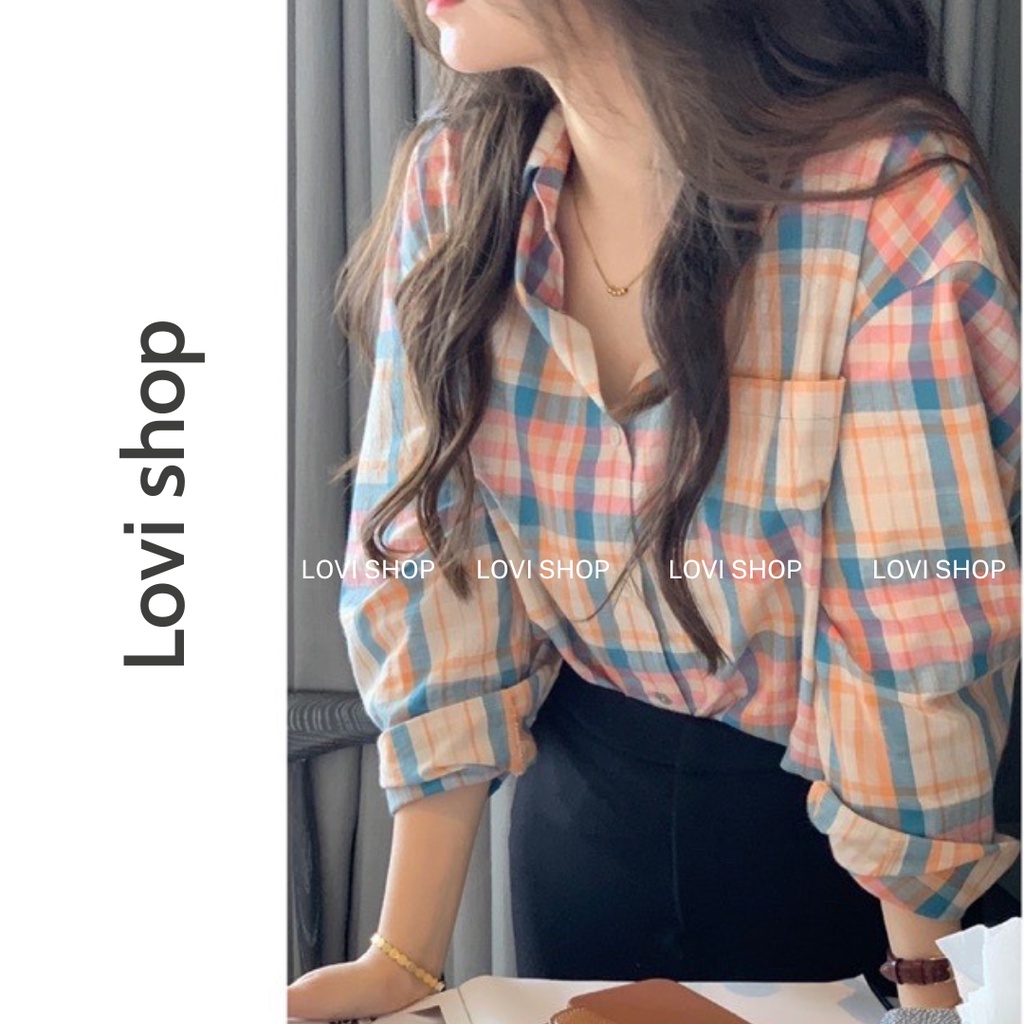 LOVI SHOP- Áo sơ mi caro cánh dơi form rộng Hồng Xanh
