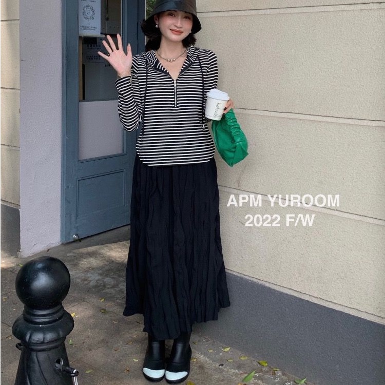 Chân váy midi SUXI lưng cao xếp ly thời trang mùa thu phong cách Hàn Quốc dành cho nữ