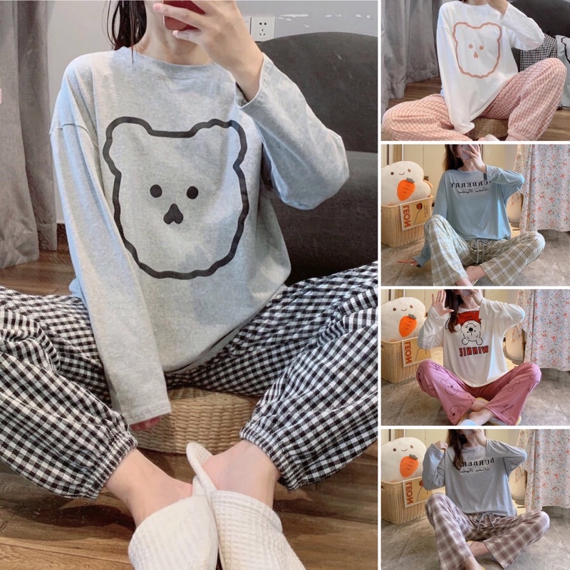 Bộ ngủ dài tay cotton mềm mại pyjama mặc nhà phong cách Hàn Quốc 2021, đồ bộ thu đông