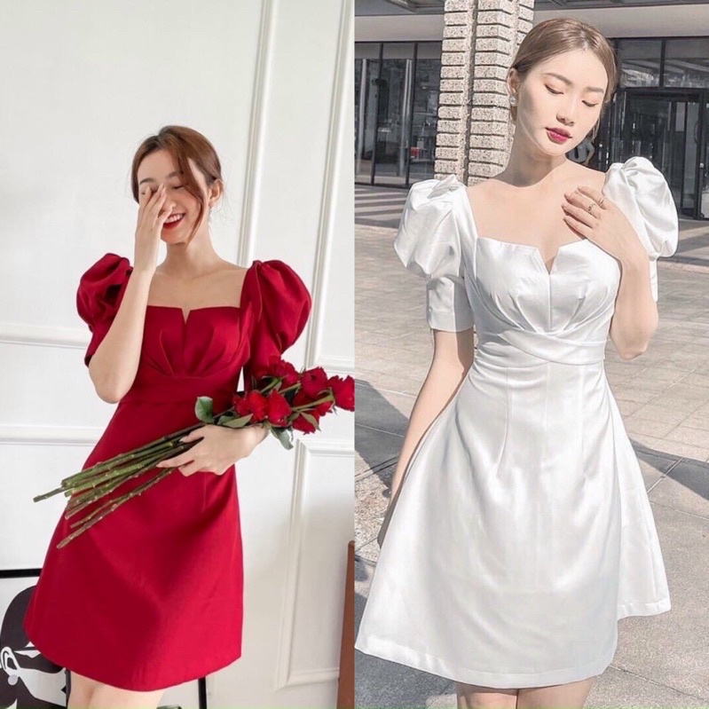 Đầm Xòe Thiết Kế Nữ Dự Tiệc Màu Trắng Tay Phồng Dây Đan Chéo Eo Cổ Vuông, Đầm dự tiệc xoắn ngực cổ vuông tay phồng