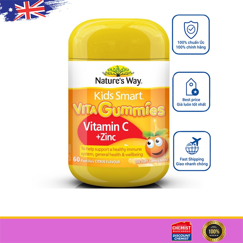 Kẹo dẻo Bổ sung Vitamin C và Kẽm cho bé của Úc Nature's Way Kids Smart Vita Gummies Vitamin C + Zinc 60 Viên