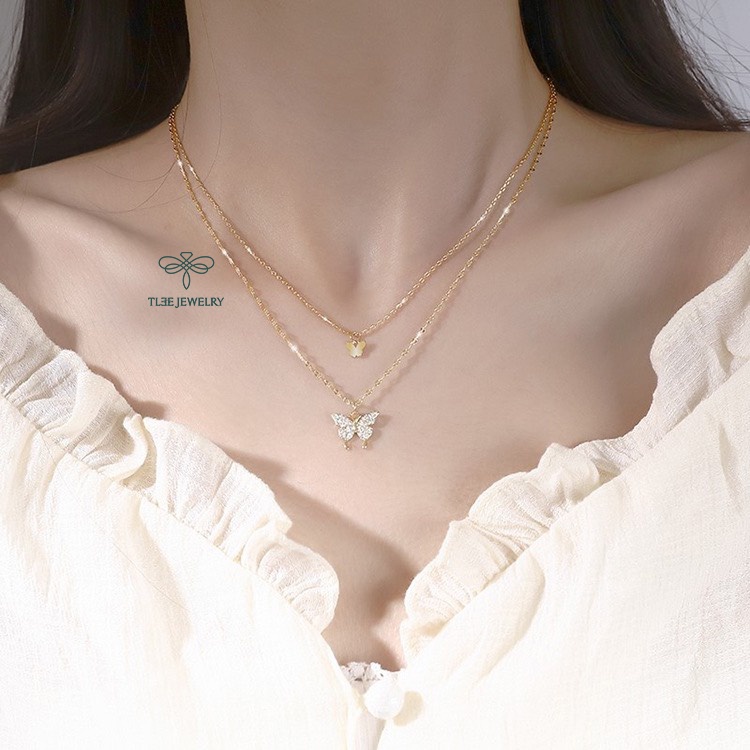 Dây chuyền bạc nữ TLEE kép mặt hồ điêp nạm đá sang trọng TleeJewelry D0110
