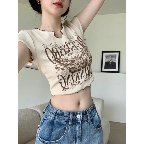 Áo CropTop In Hình Bướm Cuốn Biên