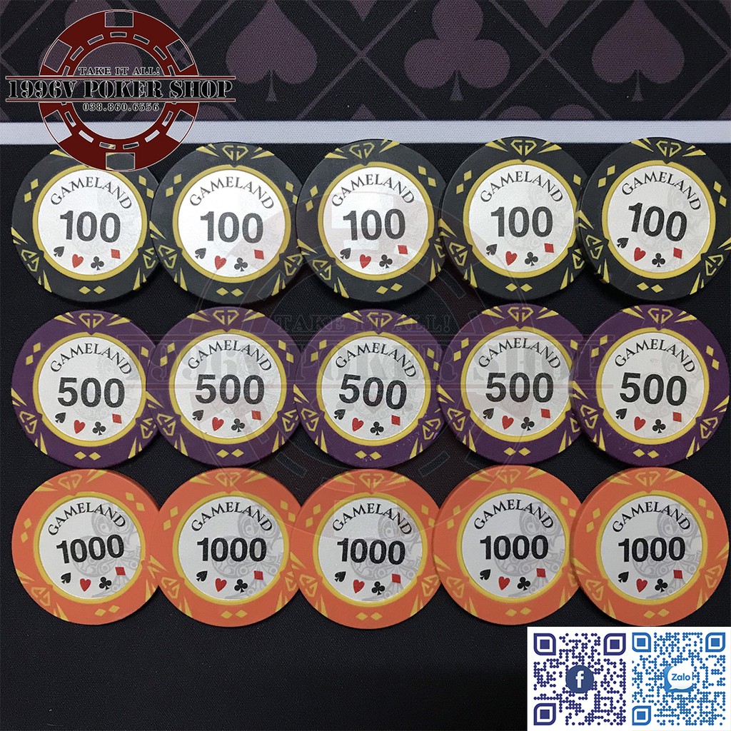 Vali 500 chip Poker có số, phỉnh poker Gameland Diamond chip set Pocker đất nung - 1996V Poker Shop