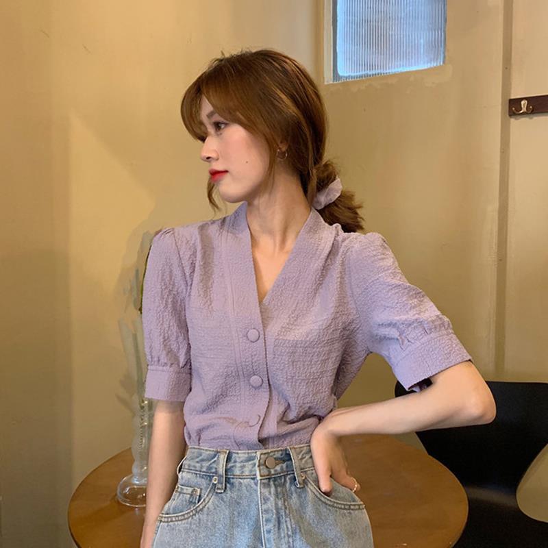 Áo kiểu tay ngắn phồng cổ chữ V phong cách retro thời trang mùa hè xinh xắn dành cho nữ