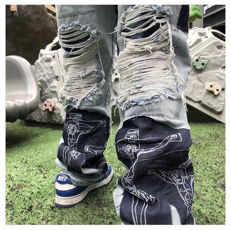 Quần Jeans ông rộng rách lưa tưa phối hoa tiết vá phong cách đường phố, Quần Jeans hiphop oversize Streetwear