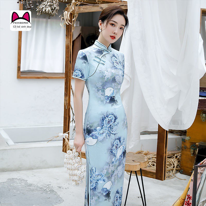 ☌Cũ Thượng Hải váy sườn xám dài lụa cô gái phong cách mới thanh lịch Trung Quốc bà mẹ trẻ retro trang phục trình
