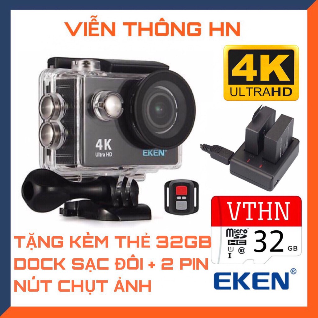 Camera hành trình 4k Eken H9r bản mới  V8 nâng cấp  20MP tặng 2 pin + 1 dock sạc đôi - Tặng thẻ 32GB - vienthonghn