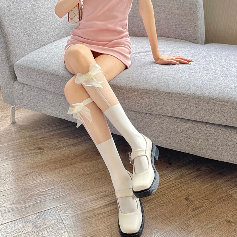 XIXI Tất Lưới Cao Qua Gối Đính Nơ Họa Tiết Kẻ Sọc Dễ Thương Phong Cách Harajuku Nhật Bản Cho Nữ