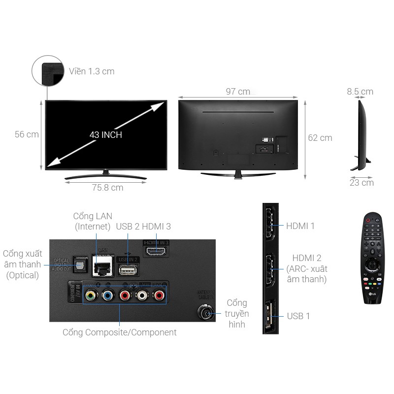 Smart tivi LG 4K UltraHD 43 inch 43UM7400PTA Mẫu 2019 (Hàng bỏ mẫu 100% chính hãng)