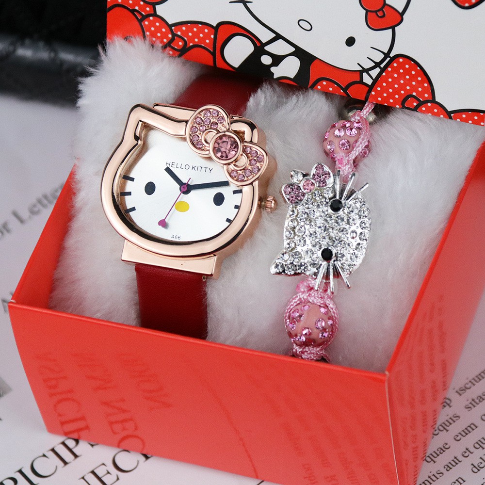 Đồng hồ đeo tay cho bé gái PINK038 [FREESHIP] Pink Xinh Decor Hello Kitty đủ màu trắng xanh hồng đỏ đen