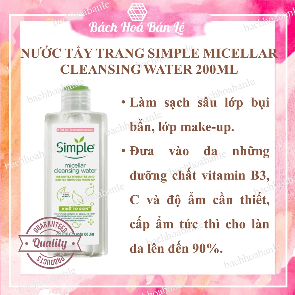 Nước tẩy trang Simple Kind to Skin Micellar Cleansing Water