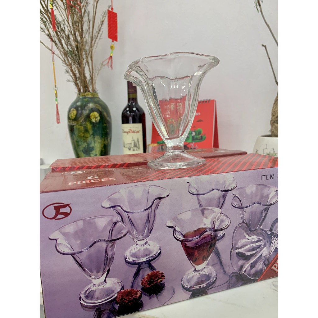 [Sỉ] BỘ 4 LY KEM THỦY TINH CAO CẤP ĐẸP DÀY DẶN HÌNH BÔNG HOA 180ML GIÁ RẺ F107