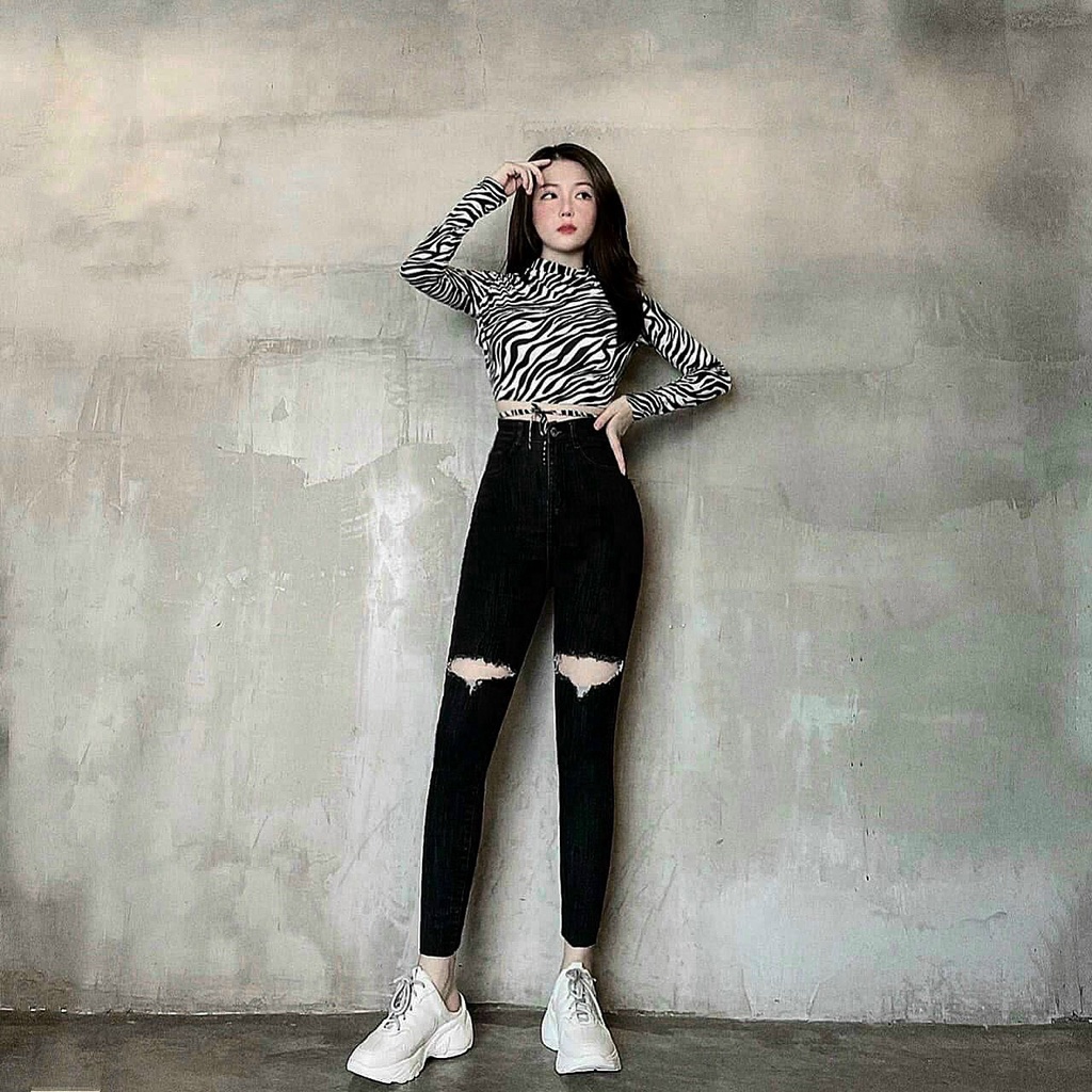 Quần jean đen muối tiêu rách đùi, gấu tua lai kiểu dành cho Bigsize, lưng cao, co dãn mạnh