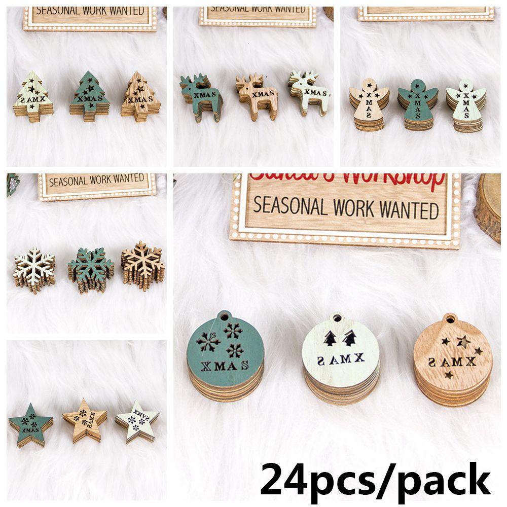 Set 24 Phụ Kiện Trang Trí Cây Thông Giáng Sinh Bằng Gỗ Hình Bông Tuyết / Tuần Lộc / Thiên Thần DIY