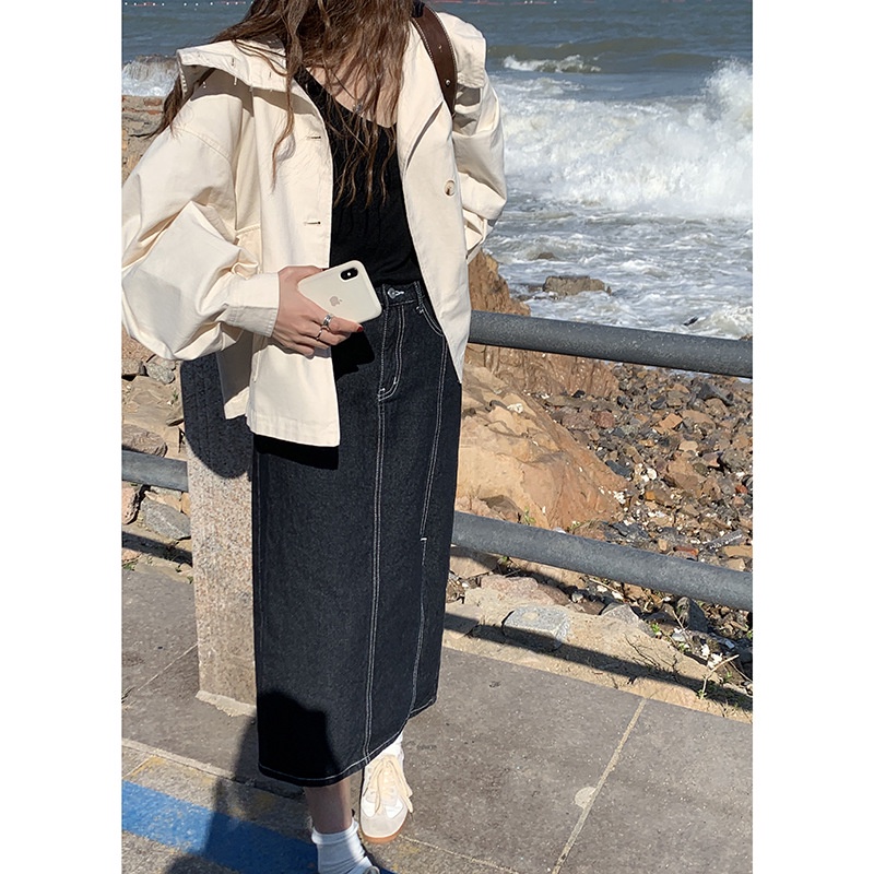 Áo khoác Kaki nữ Có mũi trùm đầu phối túi bự Hàn Quốc Áo Jacket Form rộng Dài tay Màu trơn Ulzzang Thời trang