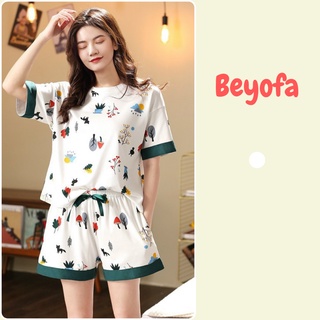 Bộ ngủ pijama nữ viền tay phối màu in hình họa tiết form rộng - set đồ nữ mặc ở nhà cộc tay dáng rộng