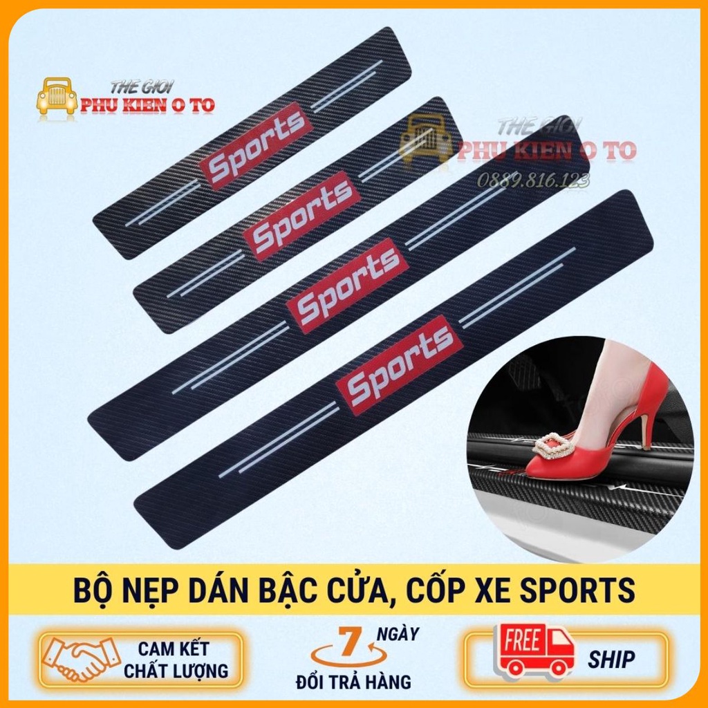 Bộ miếng nẹp dán xe ô tô chữ SPORTS chống trầy xước bậc cửa lên xuống, bảo vệ cốp xe ô tô bằng sợi CACBON bền đẹp