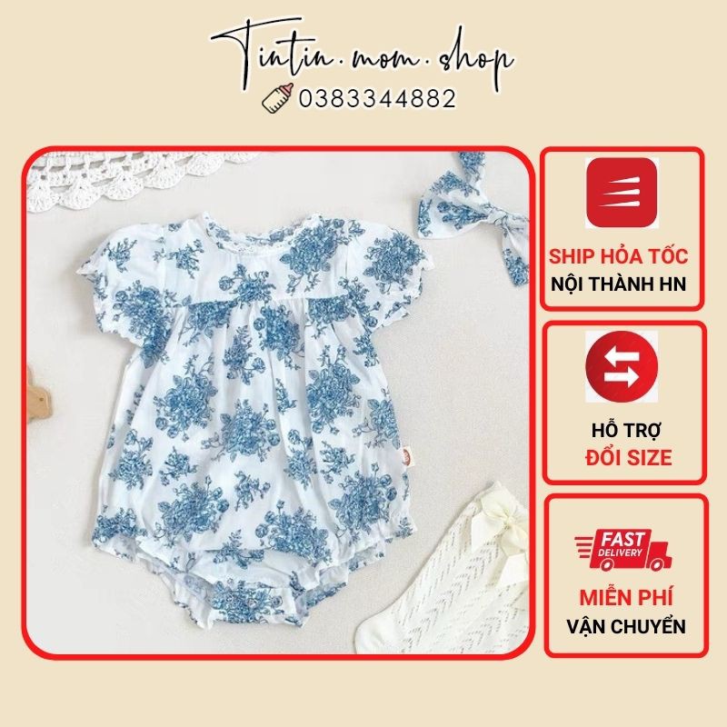 Set body chip thô hoa hồng xanh kèm nơ xinh xắn cho bé gái 0-24M