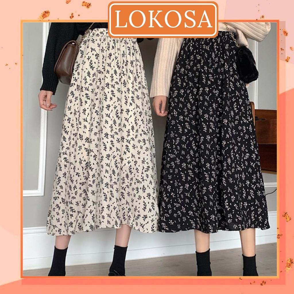 Chân Váy Hoa Nhí dài LOKOSA Chân váy công sở Vintage kiểu suông dáng dài qua gối Bánh bèo Hàn Quốc CV004