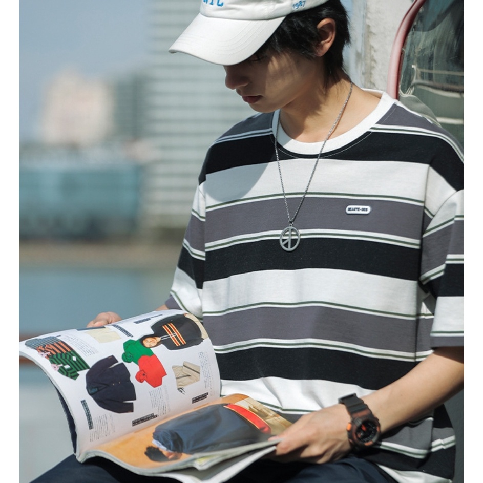 Áo thun kẻ tay lỡ 100% cotton logo cao su nam nữ  MEANSTORE phông in hình cotton vải mát form rộng phong cách Hàn Quốc