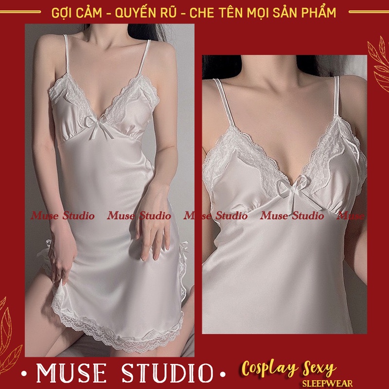 Váy ngủ sexy, đầm ngủ gợi cảm vải phi bóng mềm đẹp xẻ hai bên đùi đính nơ MUSE STUDIO