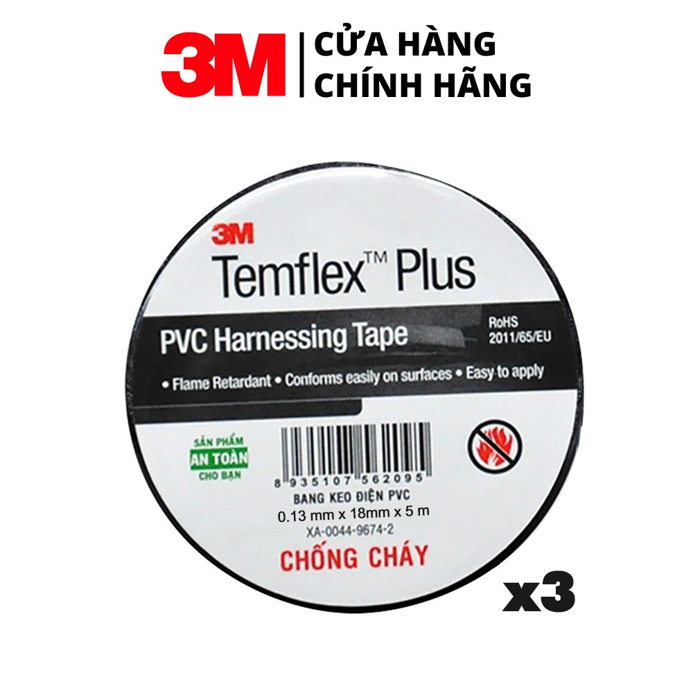 (Combo 3 cuộn) Băng keo điện chống cháy lan 3M Temflex Plus Harnessing Tape (PVC) - 1505 Temflex plus FR 18mmx5mx0.13mm