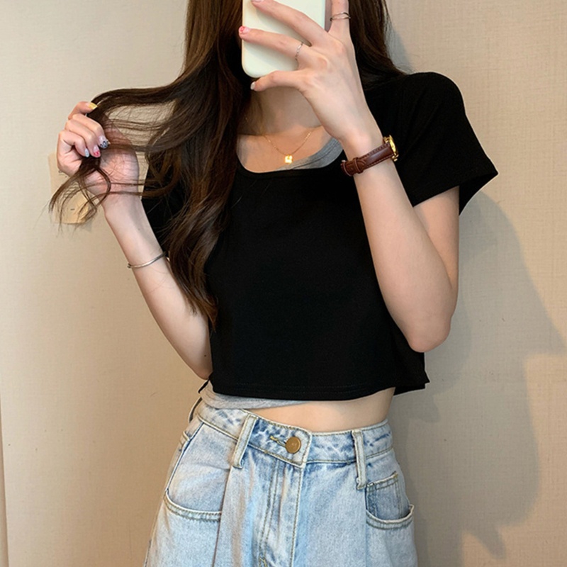 Brroa Áo Thun Crop Top Giả 2 Mảnh Tay Ngắn Dáng Rộng Màu Sắc Tương Phản Thời Trang Mùa Hè Cho Nữ