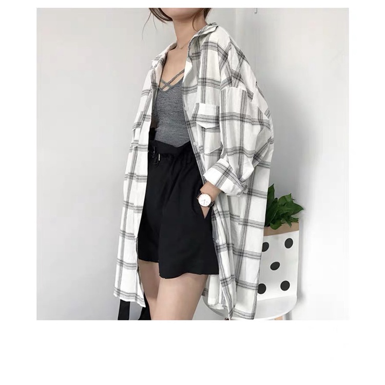 Áo sơ mi SUXI tay dài dáng rộng kẻ sọc caro trẻ trung phong cách Hàn Quốc cho nữ