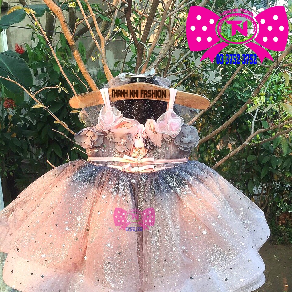Váy Bé Gái Hồng Loang Đen kim sa ngôi sao lấp lánh lung linh - Hàng Thiết kế cao cấp - Thanh Nhi Fashion TN342022006