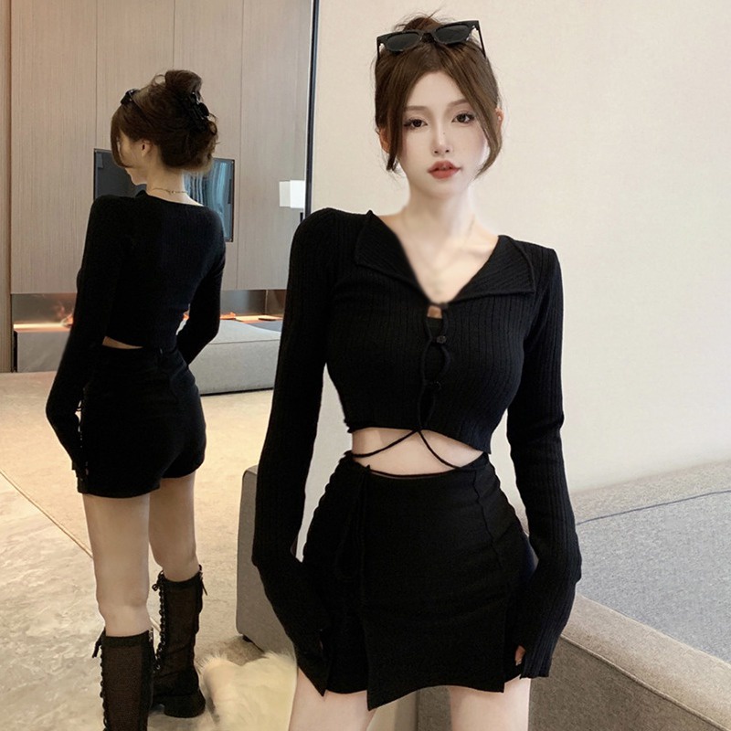 Áo Croptop Dệt Kim Tay Dài Cổ Chữ V Màu Sắc Thanh Lịch