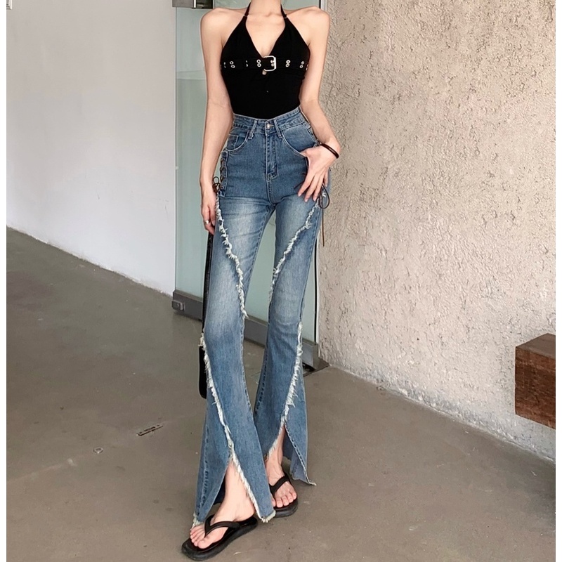 Quần Jeans Nữ Lưng Cao Ống Loe Xẻ Tà Thời Trang