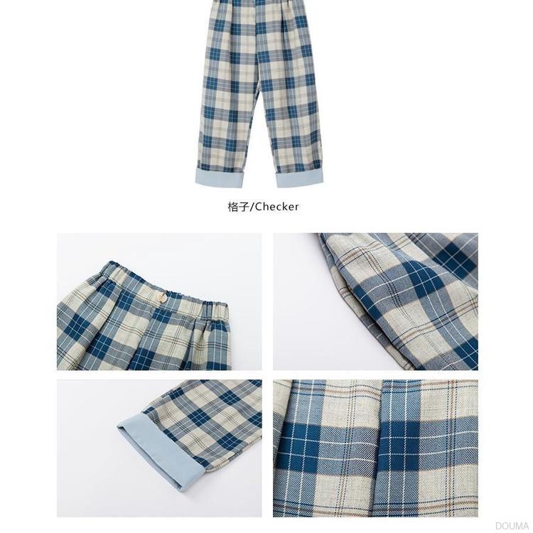 Quần dài lưng thun ống rộng họa tiết sọc caro phong cách Hàn quốc