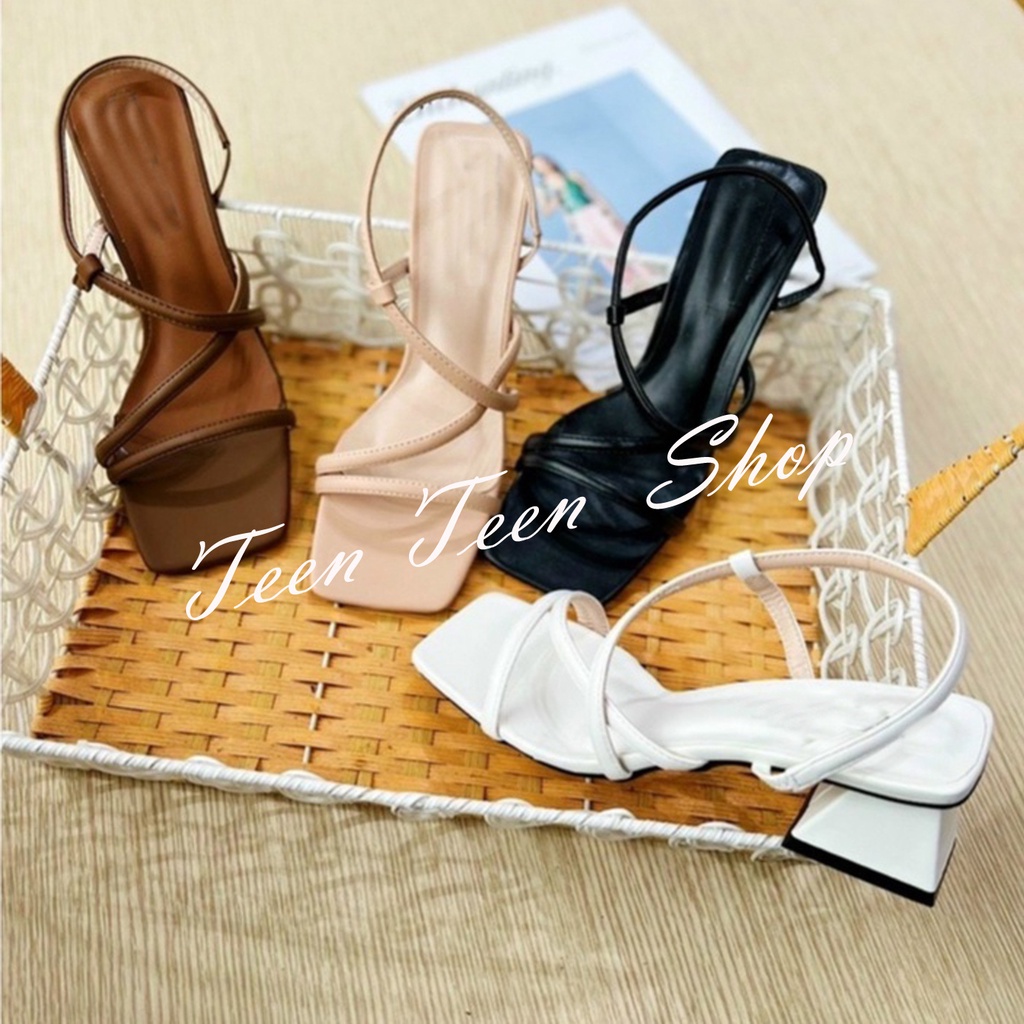 Sandal nữ cao gót mũi vuông phối dây quai mảnh cao 4cm, Teen Teen Shop.