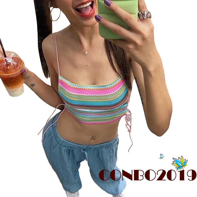Hgm- Áo Crop Top Hai Dây Hở Lưng Họa Tiết Kẻ Sọc Nhiều Màu Sắc Cột Dây Gợi Cảm Mùa Hè Cho Nữ