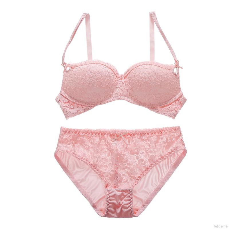Áo Ngực Push Up Không Gọng Không Đường May Màu Trơn+Quần Lót Nơ