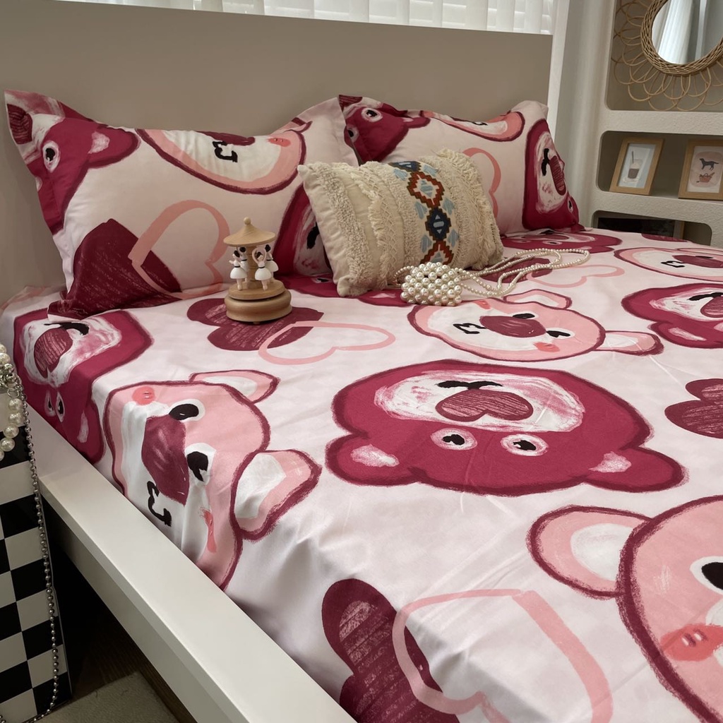 Set ga gối cotton poly đầu gấu nâu đỏ mới, vải mềm đẹp