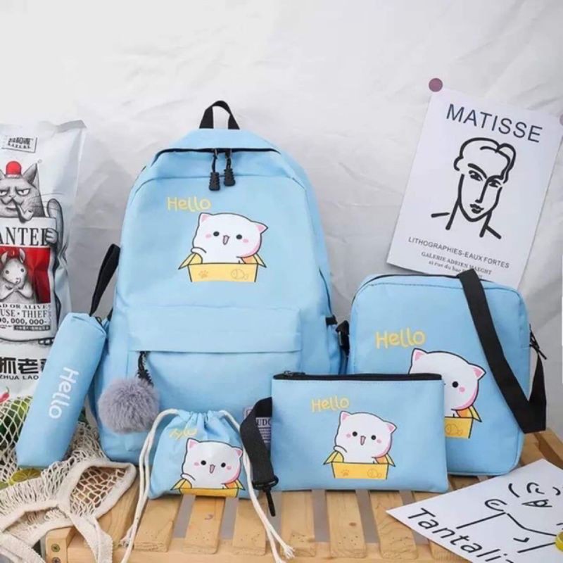 Balo combo 4 món mèo hello set 4 món nữ đi học laptop sinh viên ulzzang