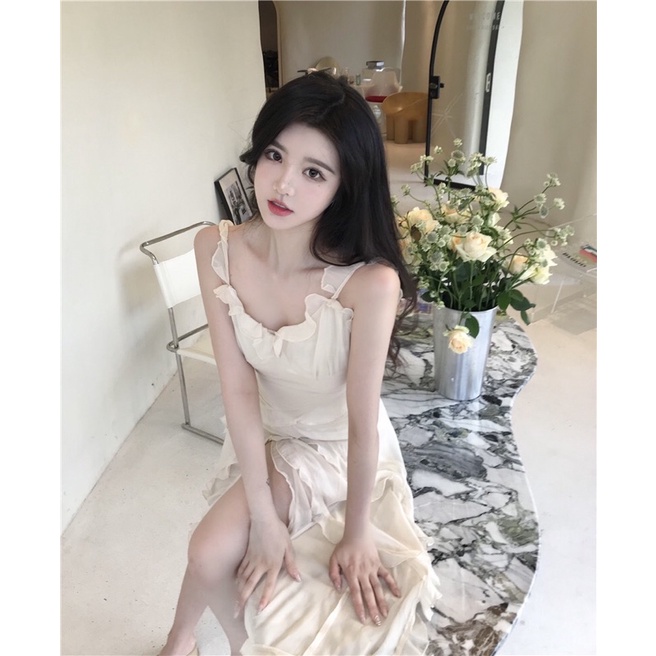 Váy hai dây phối bèo tiểu thư-váy chụp kỷ yếu-đầm đi chơi sang chảnh