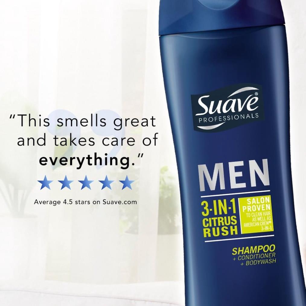 SUAVE MEN Dầu Gội Xả Tắm Nam Citrus Rush 3-in-1 Shampoo, Conditioner, Body Wash hương chanh 828ML