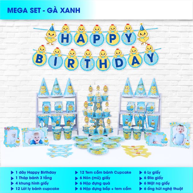 Set giấy mega trang trí sinh nhật gà,  mickey, poketmon, biệt đội chó, nemo,  hoàng tử, gà vàng, dê,  khỉ