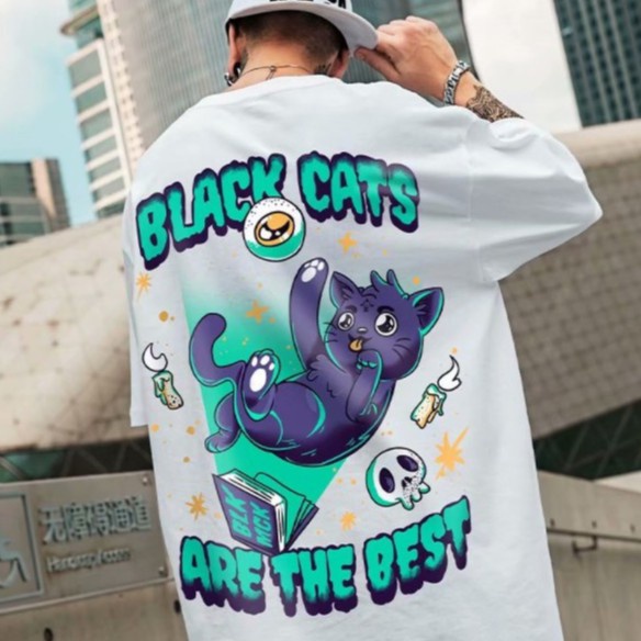 Áo Thun Dáng Rộng In Hoạt Hình Mèo Kiểu Âu Mỹ Cá Tính Cho Nam Và Nữ M-8Xl