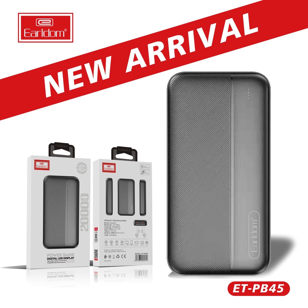Sạc Dự Phòng Earldom PB45 20000mAh 2 Cổng Sạc Đèn Led Báo Dung Lượng Cho iPhone Huawei Samsung