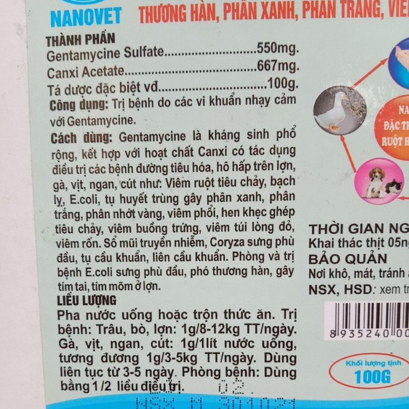 Genta canxi 10g 100g calci đắc tri việm rột tiêu chay chó mèo, gà đá chọi chim, cút vịt ngan dê thỏ lợn trâu bò, tôm cá