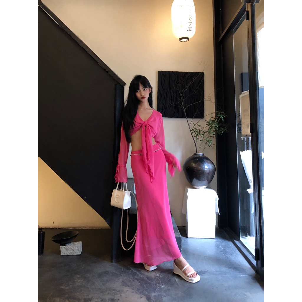 Hot Pink Set - Áo croptop tay dài chân váy dài voan - Thiết kế bởi IAMCOCO.OFFICIAL